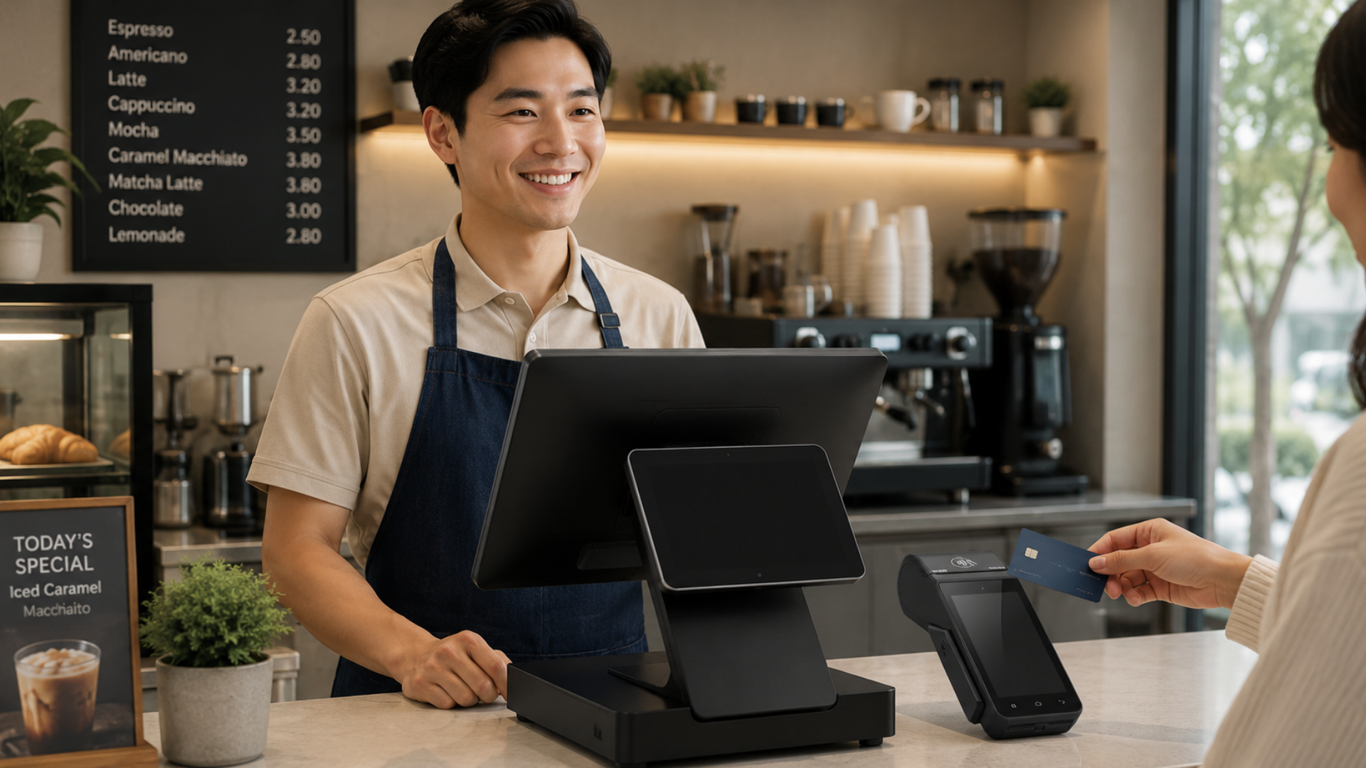 Cashier operating POS terminal in café